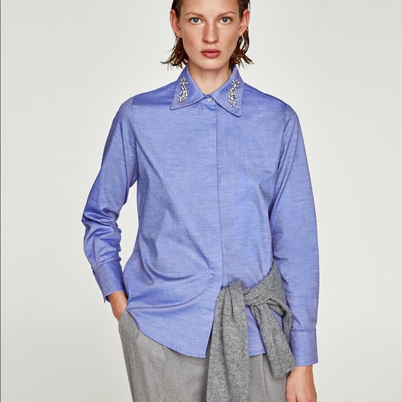 🆕 Zara blue shirt with bejewelled collar. - Picture 1 of 6